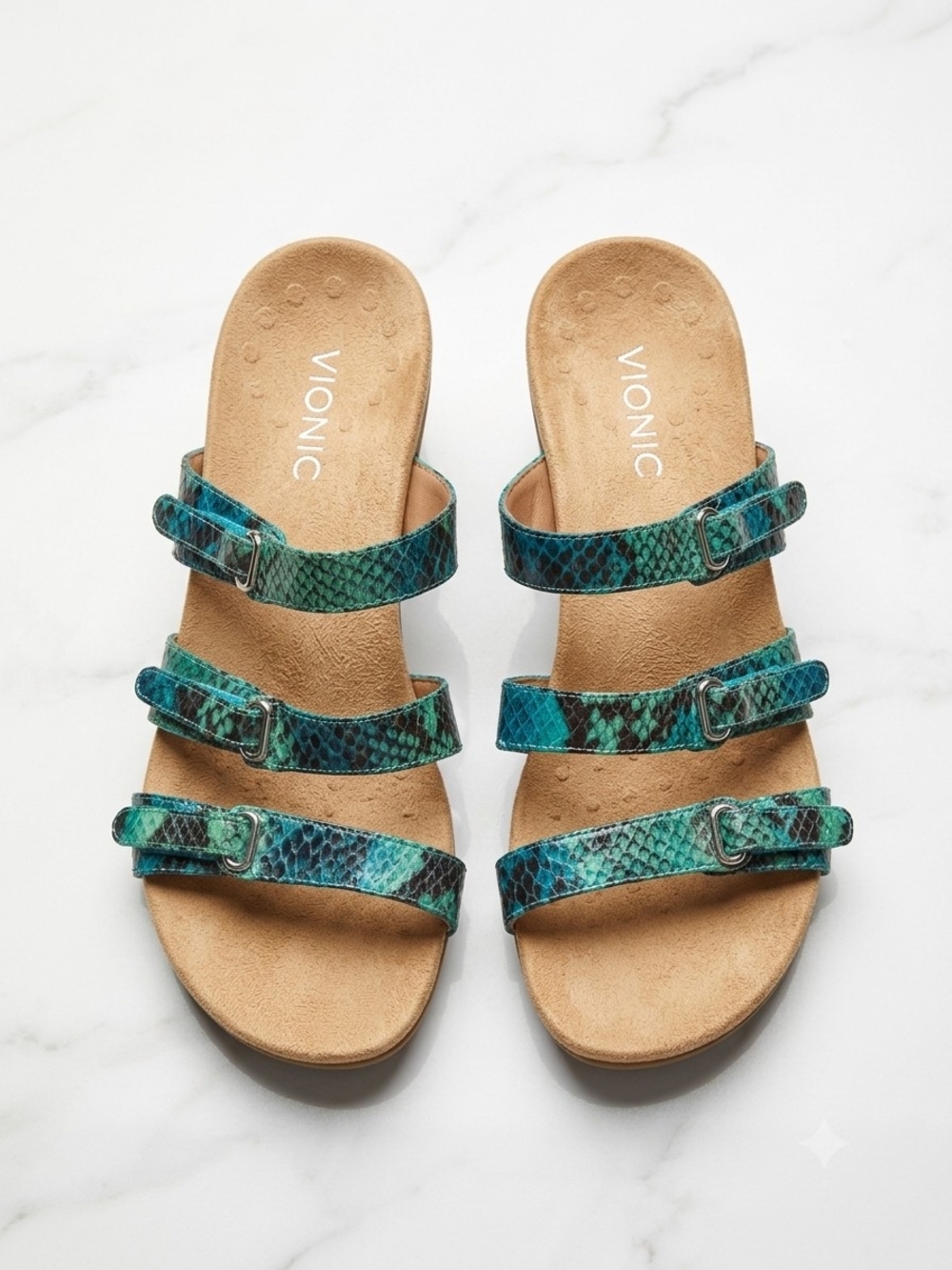 Vionic Women’s Teal Snake-Print Triple-Strap Sandal